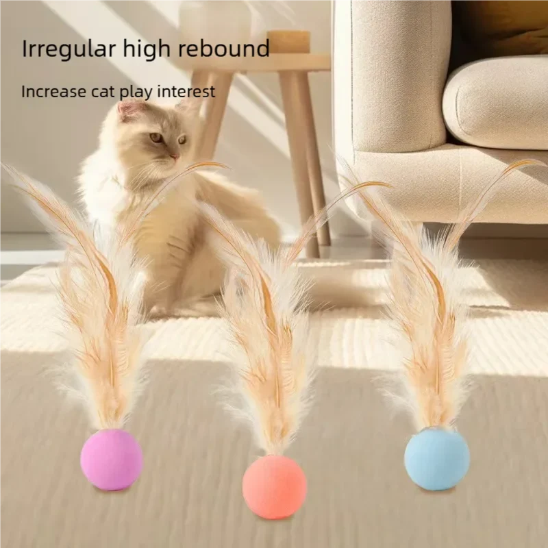 5pcs random color Funny Cat Elastic Ball Toy Interactive Balls Pet Supplies Feather Football Toys Dog Playthings Kitten