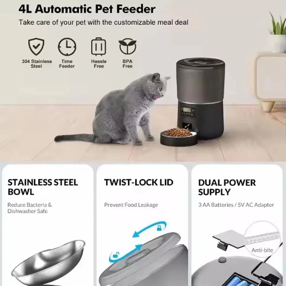 Automatic Pet Feeder 4L Capacity Smart Timer Tuya Control Food Dispenser with Stainless Steel Bowl Dogs Cats Feeding Supplies